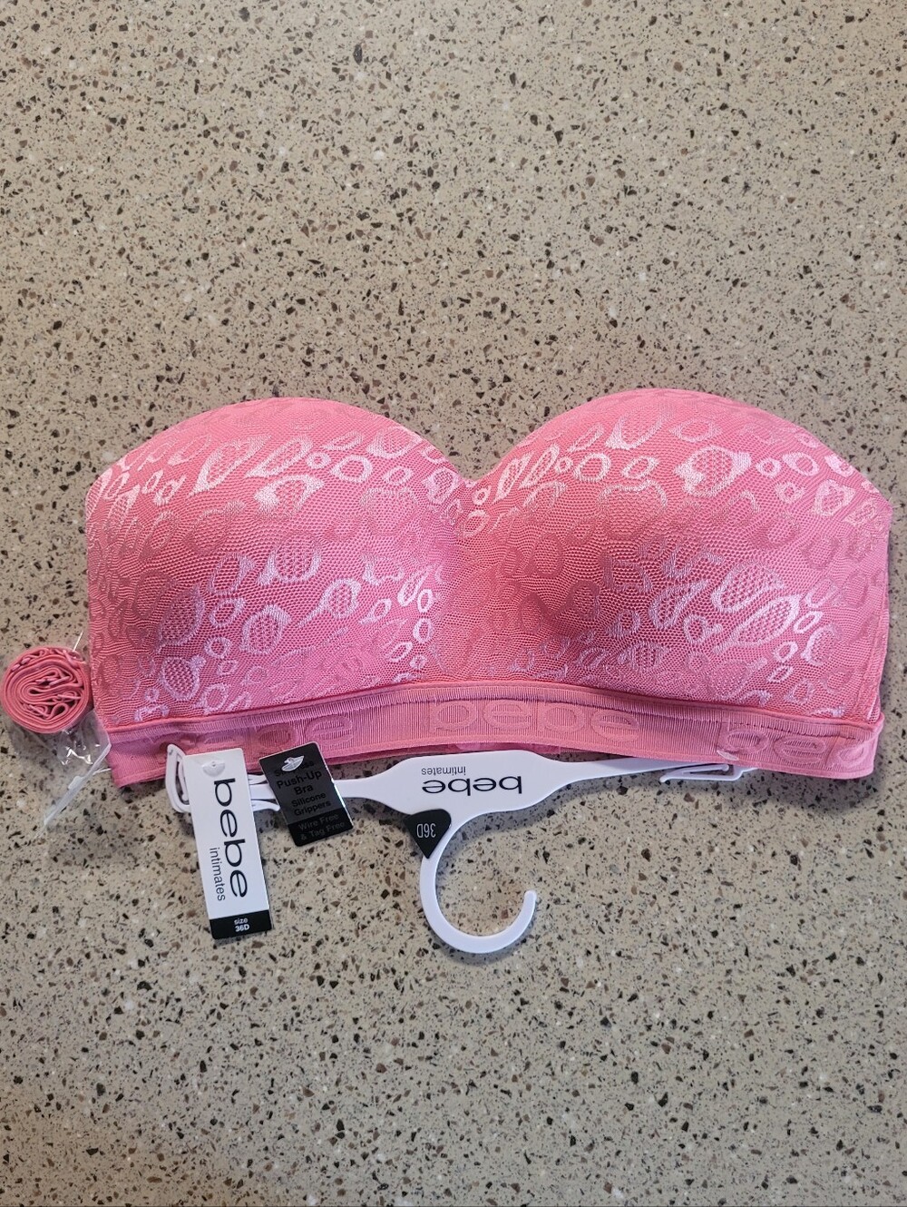 Bebe Womens 36D Strapless Pushup Bra Wire Free Pink Animal Print Straps Included